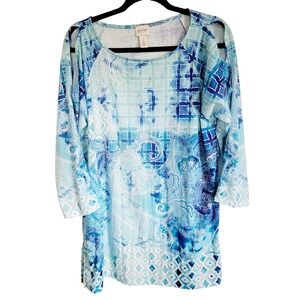 Chico's Zenergy‎ 2 Blouse Top Cold Shoulder Mixed Blues Geometric Shirt Lg NWOT